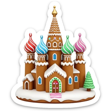 Apple style 3D emoji of a gingerbread house shaped like Saint
Basil's Cathedral. Detailed icing patterns, colorful candy domes, dusting of powdered sugar as snow. Warm cookie texture, cute 3D render, isolated on a white background, festive look. sticker