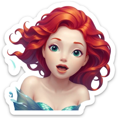 Cinematic Realistic Red Hair Mermaid Portrait, head tilted slightly with a dramatic, wide-open yawn, revealing a tender, relaxed visage with delicately detailed porcelain skin and vibrant, cascading red hair softly billowing around her. Her dreamy eyes exude a serene, aquatic charm, rendered with gentle underwater lighting and high shine—capturing the essence of a drowsy yet mesmerizing mermaid drifting into a tranquil slumber beneath the sea. sticker