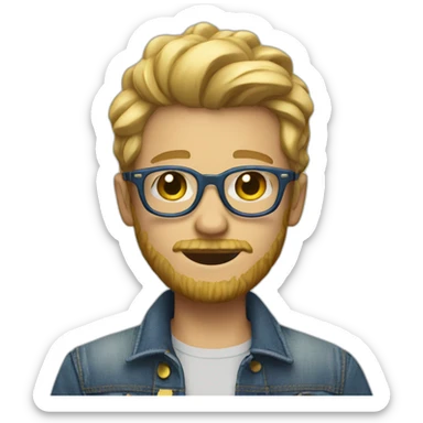 A cool boy with a denim jacket and round glasses and a blond beard sticker