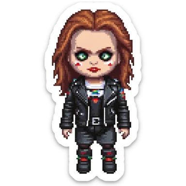 doll version of Chucky's bride in black dress, black leather jacket, heavy dark makeup sticker