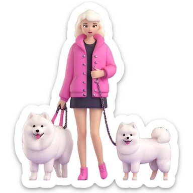 girl in pink Chanel-style outfit with white Samoyed dog sticker