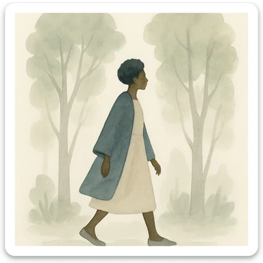 black lady walking through a forest, gentle brushstrokes and natural colors, watercolor art style sticker