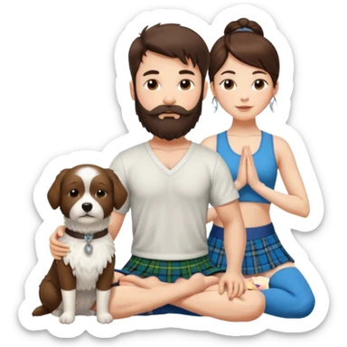 emoji of brunette man with beard wearing kilt, brunette woman in yoga outfit and white fluffy dog sticker