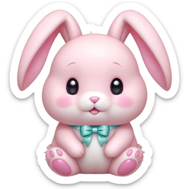 Cinematic adorable pastel pink bunny, chubby cheeks, tiny paws, sparkling round eyes, soft fur with a gentle glow, slightly tilted head, wearing a tiny bow, irresistibly cute and heartwarming. sticker