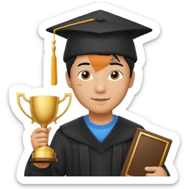 An asian man wearing student hat, holding a trophey sticker