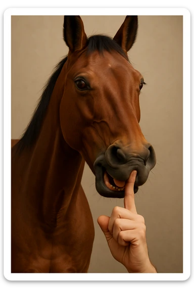 Make the finger bent inside the mouth of the realistic horse, with a gesture of silence, same background. sticker
