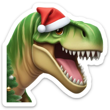 T-Rex wearing Santa hat near a Christmas tree sticker