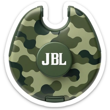 Abstract JBL Clip 4 with round shape, integrated clip, green camo pattern, and small JBL logo, iOS emoji style sticker