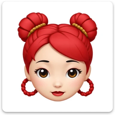 Pucca's cartoon face, apple-style emoji, winking, black hair buns, red hair ties, no body, no text sticker