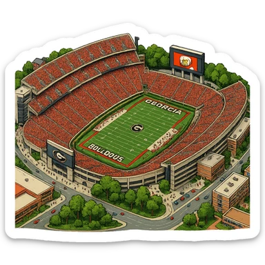 Изометричная, яркая, детализированная и фотореалистичная иллюстрация стадиона Sanford Stadium в стиле 3D-коллажей городов, насыщенные цвета, аккуратные и чёткие линии, мультяшно-реалистичная стилистика. Чёткие контуры, не размазанные линии, высокое качество, прозрачный фон, не обрезать края стадиона. sticker