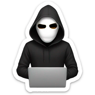 anonymous with laptop with black hoodie and having a mask and have eyes  sticker