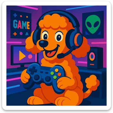 Add a colorful gaming room background with posters, LED lights, and a monitor. Keep the poodle gamer as the main focus in vibrant toon style. sticker