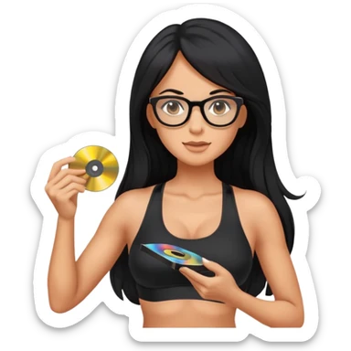 wearing glasses, long black hair tanned woman, black sports bra, sexy, hot, data analysis, holding a cd   sticker