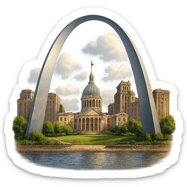 cinematic, realistic emoji of the St. Louis Gateway Arch, Gateway Park, and the shore of the Mississippi River, featuring majestic, ornate architecture, lifelike detail, bright lighting, and accurate colors, transparent background sticker