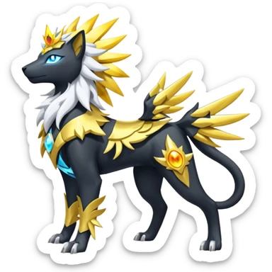 Solarpunk solar aesthetic shiny glowing divine lighting glimmering shimmering Amaura-Solgaleo-Luxray-Trico-fusion (full body) sticker