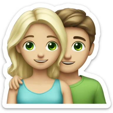 blonde boy with blue eyes and brunette girl with green eyes hugging sticker