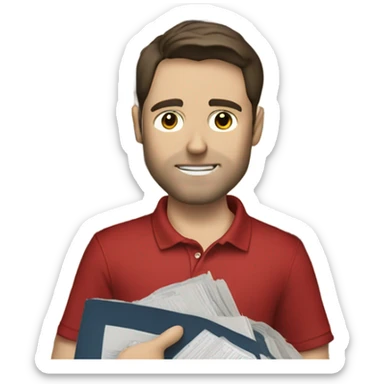 brunette man wearing red polo overtop a white shirt and really baggy jeans looking at records, pale skinned sticker