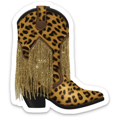 Realistic leopard print fashion cowgirl boots with sparkly shiny glitter fringe on them. sticker