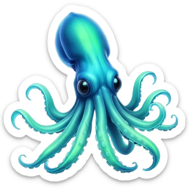 3D render of Deep Sea Squid, bioluminescent deep sea style, glowing neon blue and green lights, dark background to contrast the glow, translucent organic textures. sticker