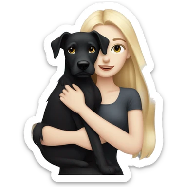 pretty woman with pale skin, very long blonde hair hugging a black dog sticker