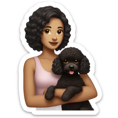 Pretty girl with black hair holding a brown toy poodle  sticker