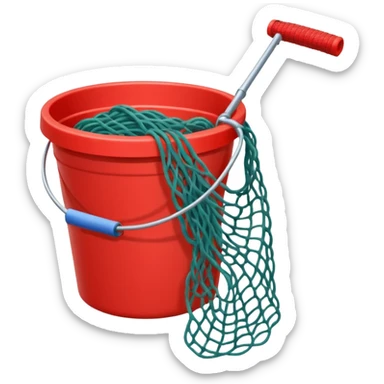 A small red bucket with a fishing net leaning against it.
 sticker