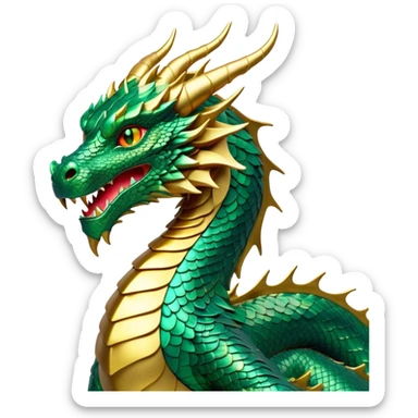 Cinematic Noble Dragon Portrait Emoji, Poised and majestic, with a sinuous, elongated body covered in intricately detailed, shimmering scales in hues of emerald and gold, and piercing, fiery eyes that reflect ancient wisdom; rendered with lifelike texture and natural highlights, high shine, intelligent and formidable, styled with an aura of mythic power, focused and attentive, soft glowing outline, capturing the essence of a legendary dragon that appears ready to soar out of the screen with timeless authority! sticker