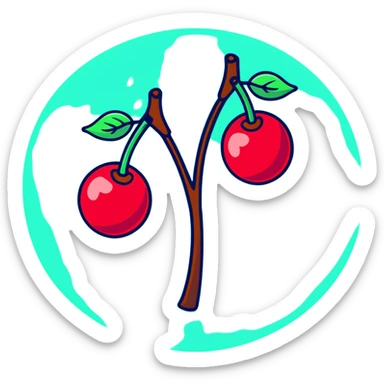Two deep burgundy cherries connected by a green stem, rich dark red color sticker