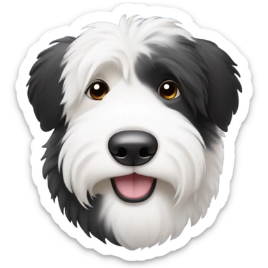 Old English sheepdog with a half and half face like a black (right side) and white (left side) cookie sticker