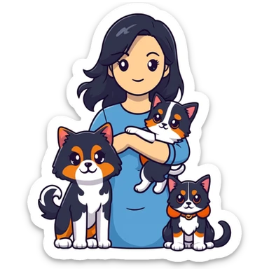 woman with long black hair holding an American Shorthair cat and a Cavalier King Charles Spaniel dog sticker