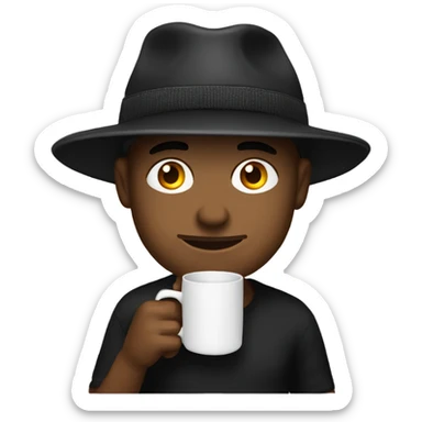Guy in black trucker hat drinking coffee and has laptop sticker