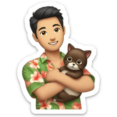 Young Asian man in Hawaiian shirt holding a tanuki cat in his arms sticker