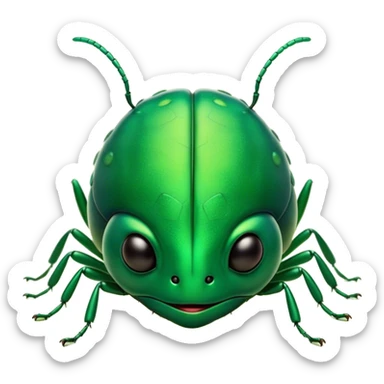 Meme-Worthy Cute Sleeping Green Bugdie Portrait Emoji, Head resting peacefully with a contented smile, showcasing a tiny, endearing build and a luxuriously smooth emerald exoskeleton, eyes shut in a serene nap, Simplified yet hilariously adorable features, highly detailed, glowing with a soft, drowsy light, high shine, relaxed and utterly lovable, stylized with an air of playful laziness, bright and heartwarming, soft glowing outline, capturing the essence of a comically sleepy insect, so meme-worthy it feels like it could instantly become the next viral sensation of adorable slumber! sticker