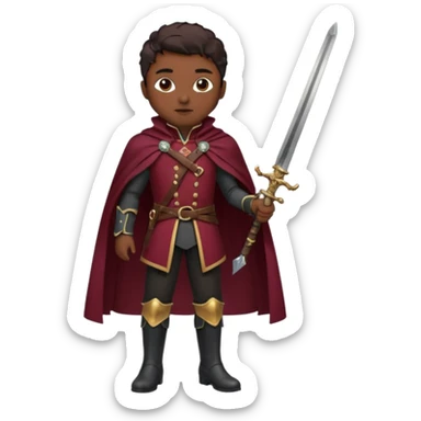 Vestimenta: Ropa de noble — chaqueta ajustada, capa corta, botas altas y espada al cinto. Colores oscuros (rojo vino, negro, granate) sticker