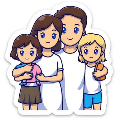 Family portrait with father with dark brown hair and blue eyes, mother with light brown hair and blue eyes, three blonde little girls with blue eyes sticker