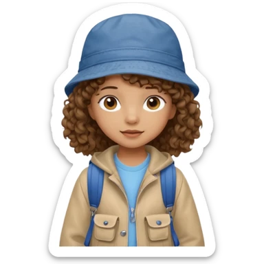 A little girl student curly brown hair, with jean bucket hat, beige jacket, blue backpack sticker