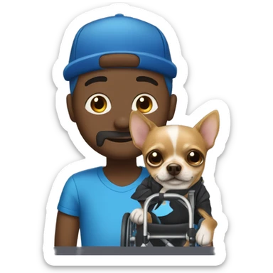 Dark man in wheelchair with a blue AF hat on with a yorkie chihuahua on his lap￼ sticker