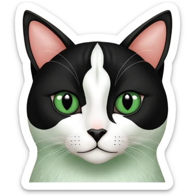 Haz una gata de ojos verdes la cara blanca con mancha negra en las orejas que agarra parte de la frente del lado der pero del iz va desde el ojo hasta la oreja la mancha, tiene la nariz negra en forma de corazón y todo lo que sobra de la cara, barbilla la nariz arriba y el lado de bigotes es blanca sticker