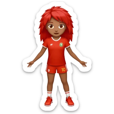 Crie uma rapariga com cabelo encaracolado, longo e frisado, olhos escuros, muitos sinais na cara, blusa vermelha e branca às riscas, calças de ganga, ténis samba fake  sticker