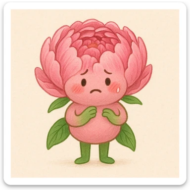 cute anthropomorphic pink peony flower with a round body, arms and legs, blushing cheeks, nervous expression sticker