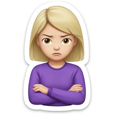 Angry Pouty girl with small asian eyes folding arms in a purple longsleeve shirt she has fair skin and medium length brown hair with blonde sticker