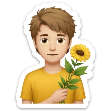 generate an ios genmoji of a 20 year old fair boy with brown long and messy hair with stubble on cheeks. should look like he cant grow a mustache., carrying a flower bouquet, wearing a yellow tshirt, looking shy sticker