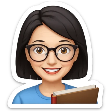 Older woman smiling, with black-brown hair and wearing reading glasses sticker