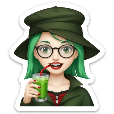 vampire green hair Drink holders with hat, wearing glasses, female,,teeth looks like vampire sticker