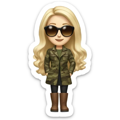 Realistic White girl with Long blonde hair and round sunglasses, camouflage Wool oversize blazer, mini dress and Brown leather boots  sticker