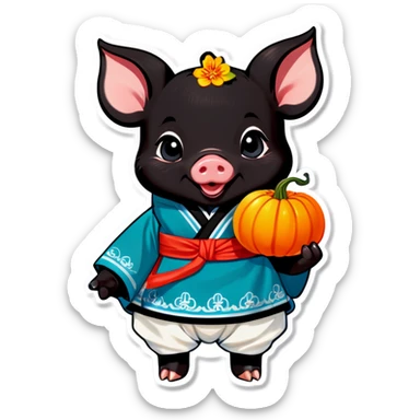 A black genderless piglet wearing hanbok with "luck” written on it and holding a pumpkin. sticker