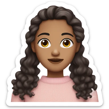 Dark Brown long curly end hair , white skin and dark brown eyes and big lashes wearing a light pink sweater  sticker