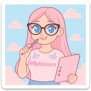 portrait of a girl from waist up with long straight pink hair, expressive blue eyes, nose with a small hump, two symmetrical swallow tattoos on collarbones, wearing a pastel light pink t-shirt with a more saturated pink @ByUnicorn print, black cat-eye shaped glasses on face, holding a pastel pink graphic tablet in right hand and a pen from the tablet in left hand, gently biting the pen with a smile, background of pastel blue sky and fluffy pastel pink clouds, soft graphic style, expressive features, pastel colors, drawn portrait, no realism, maintain girl's appearance from photo sticker