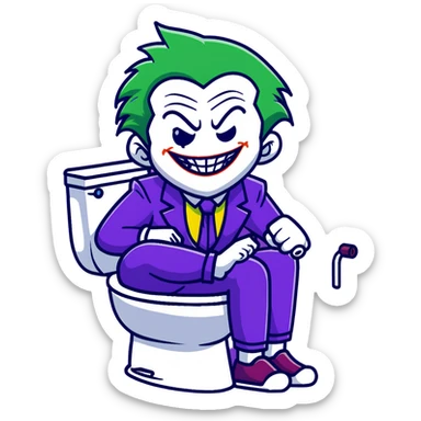 Joker villain sitting on toilet laughing maniacally, green hair, purple suit sticker