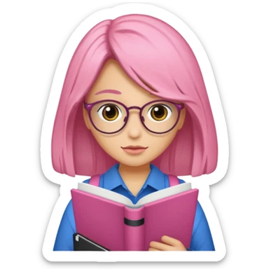 Estudante de cor parda cabelo cacheado loiro escuro de óculos segurando um caderno rosa sticker